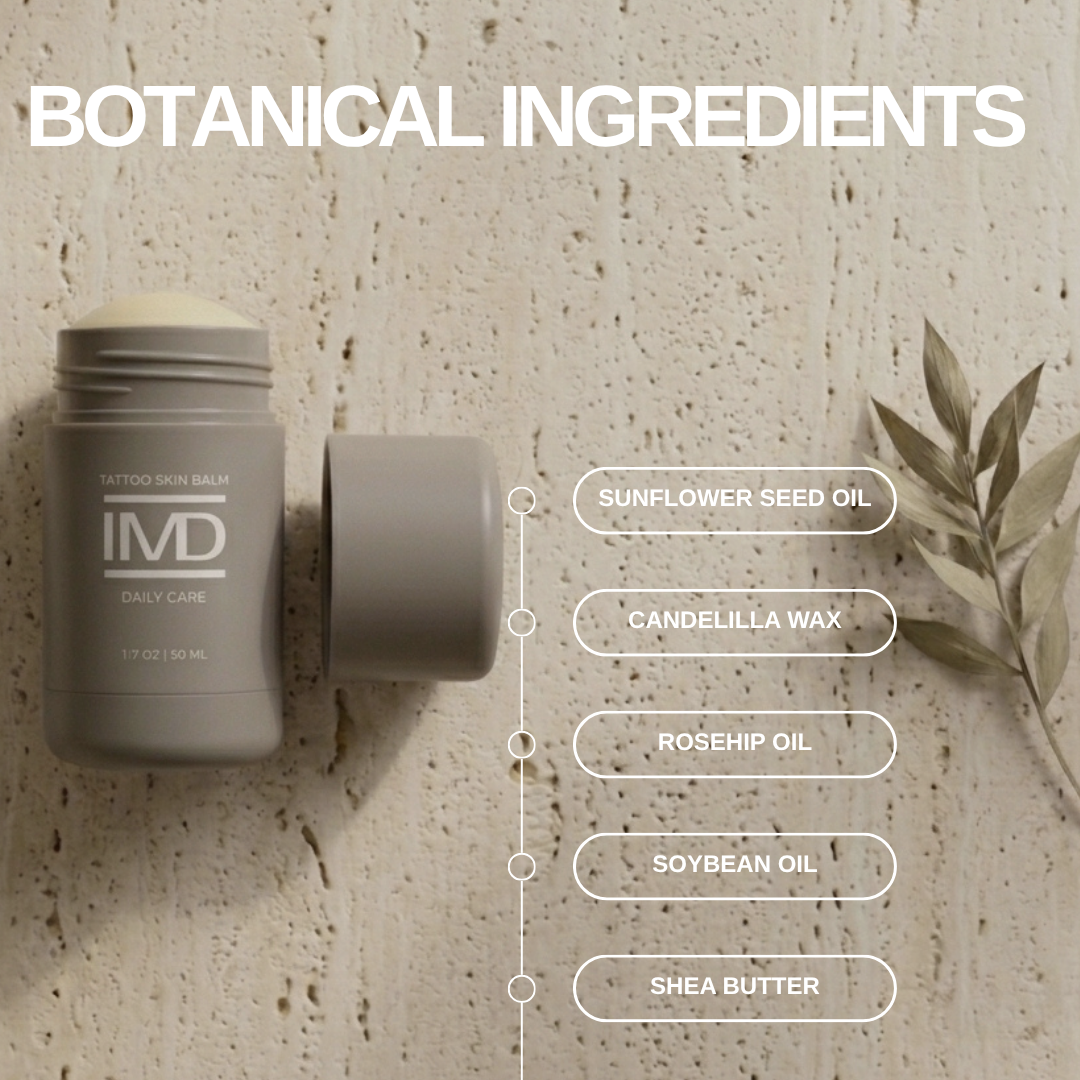 IMD Daily Care Tattoo Balm botanical ingredients — sunflower seed oil, candelilla wax, rosehip oil, soybean oil, and shea butter