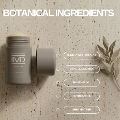 IMD Daily Care Tattoo Balm botanical ingredients — sunflower seed oil, candelilla wax, rosehip oil, soybean oil, and shea butter