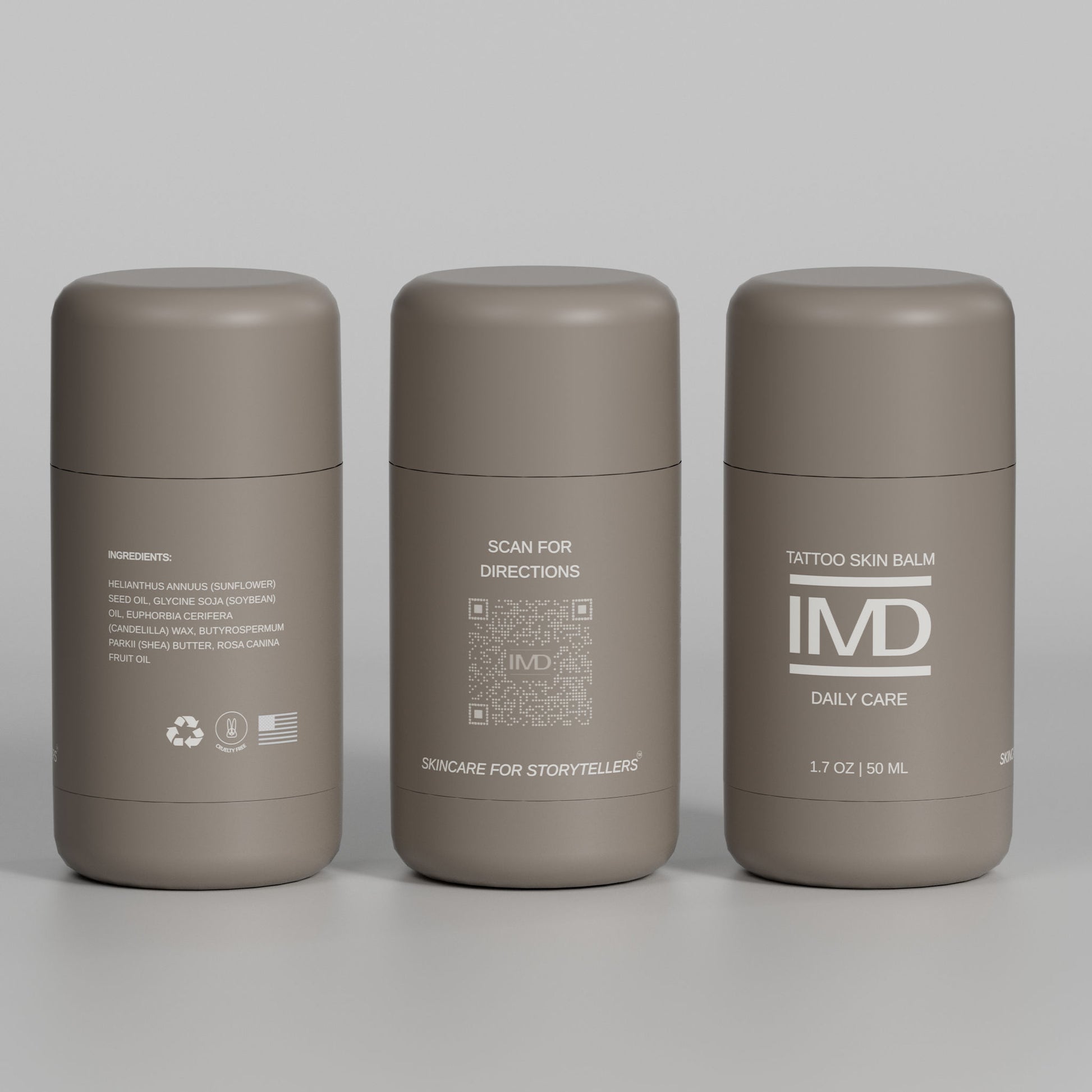 Three angles of IMD Daily Care Tattoo Skin Balm — front label, scan-for-directions QR code, and natural ingredients panel (cruelty-free, made in USA)