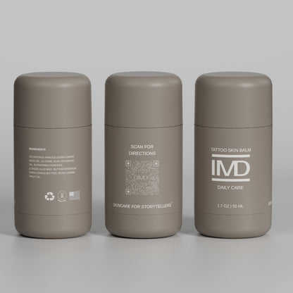 Three angles of IMD Daily Care Tattoo Skin Balm — front label, scan-for-directions QR code, and natural ingredients panel (cruelty-free, made in USA)