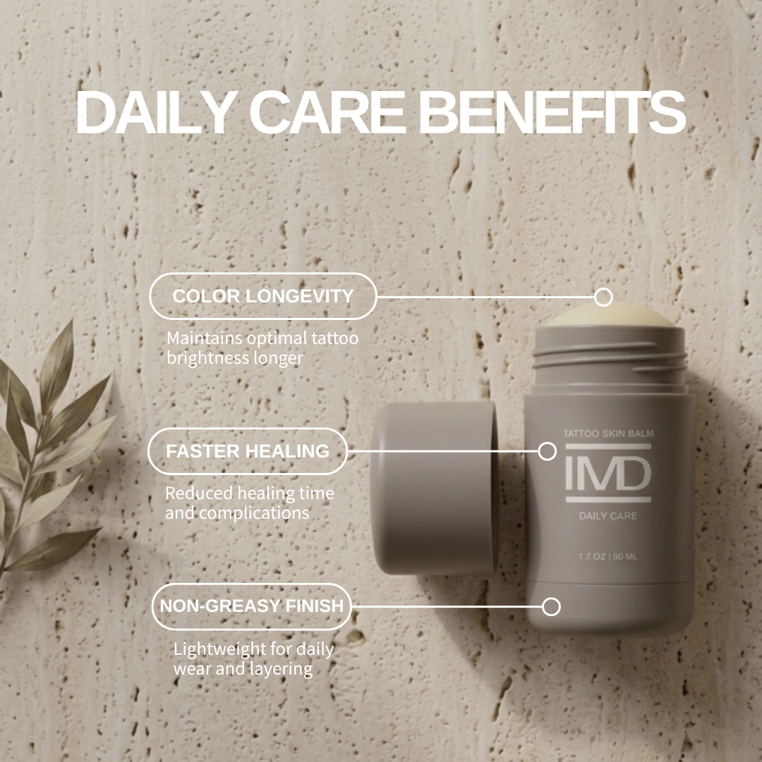 Three key benefits of IMD Daily Care Tattoo Balm — color longevity, faster healing, and non-greasy finish for tattoo aftercare
