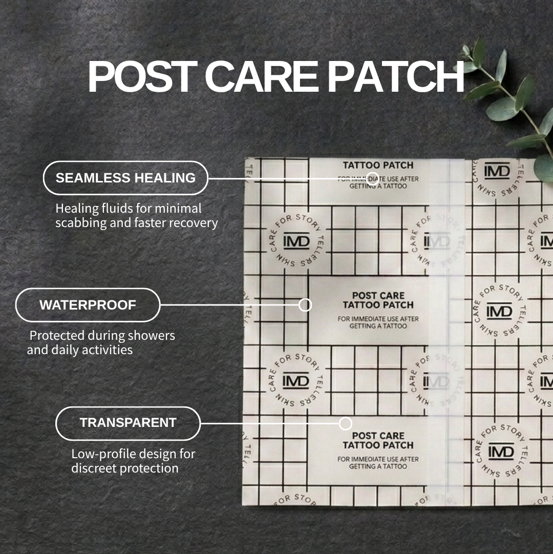 Three key benefits of IMD Post Care Tattoo Patch — seamless healing, waterproof protection, and transparent low-profile design