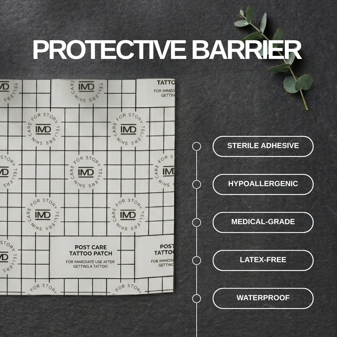 IMD Post Care Tattoo Patch features — sterile adhesive, hypoallergenic, medical-grade, latex-free, and waterproof barrier