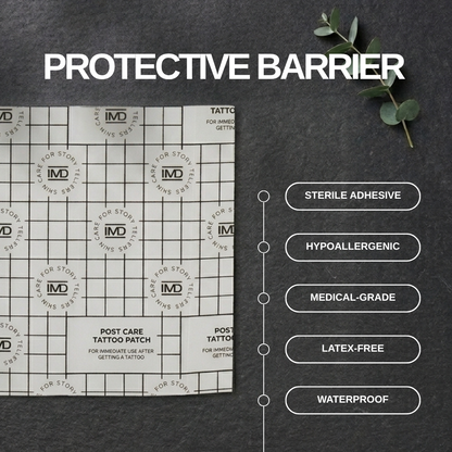 IMD Post Care Tattoo Patch features — sterile adhesive, hypoallergenic, medical-grade, latex-free, and waterproof barrier