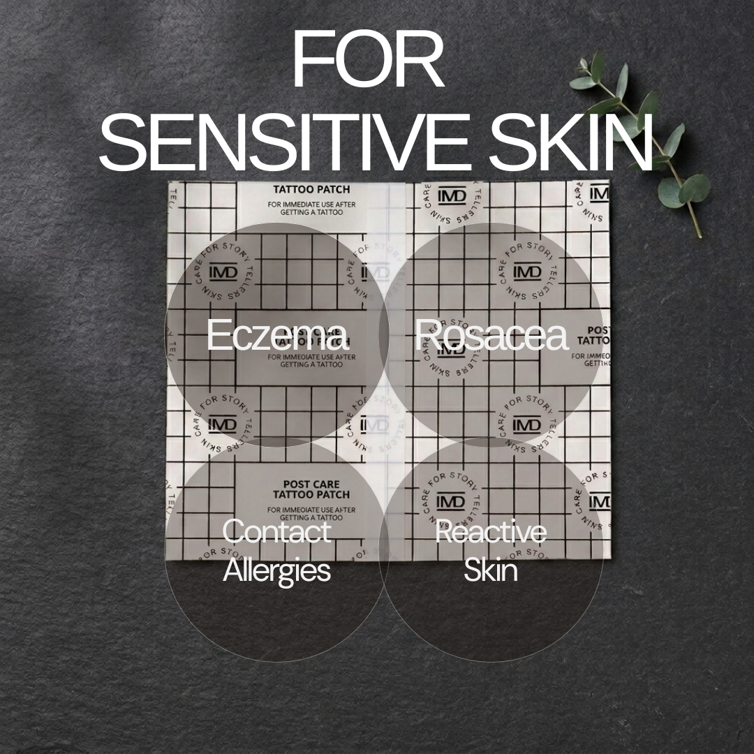 IMD Post Care Tattoo Patch for sensitive skin — safe for eczema, rosacea, contact allergies, and reactive skin types
