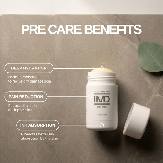 Three key benefits of IMD Pre Care Tattoo Balm — deep hydration, pain reduction, and better ink absorption for tattoo prep