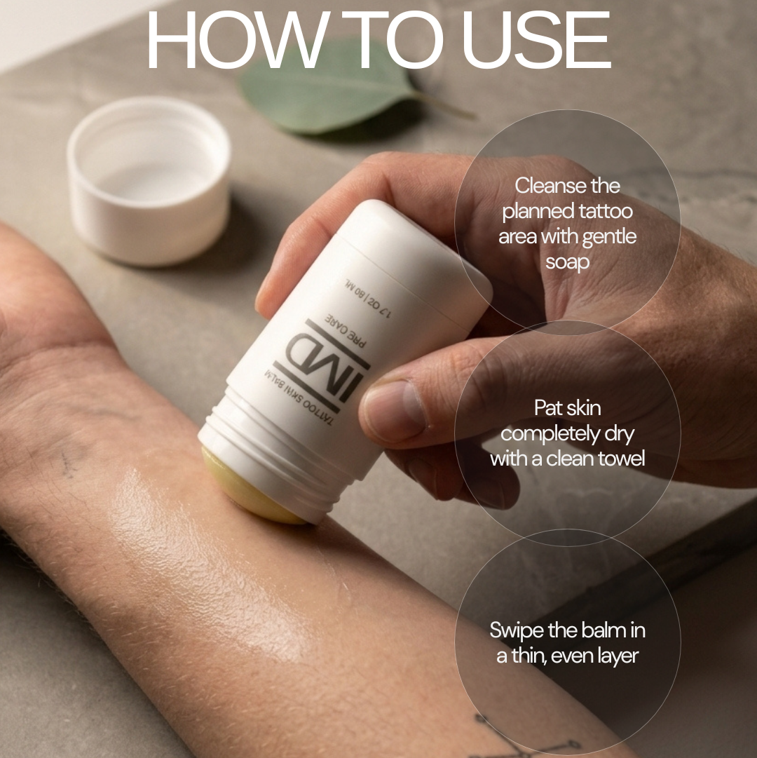 How to use IMD Pre Care Tattoo Balm — cleanse, dry, then swipe a thin layer onto skin before getting a tattoo