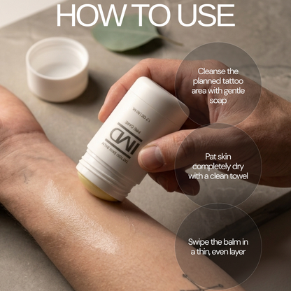 How to use IMD Pre Care Tattoo Balm — cleanse, dry, then swipe a thin layer onto skin before getting a tattoo