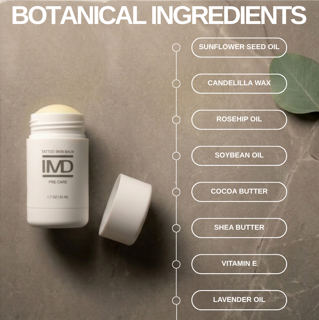 IMD Pre Care Tattoo Balm botanical ingredients — sunflower seed oil, rosehip oil, shea butter, cocoa butter, vitamin E, and lavender oil