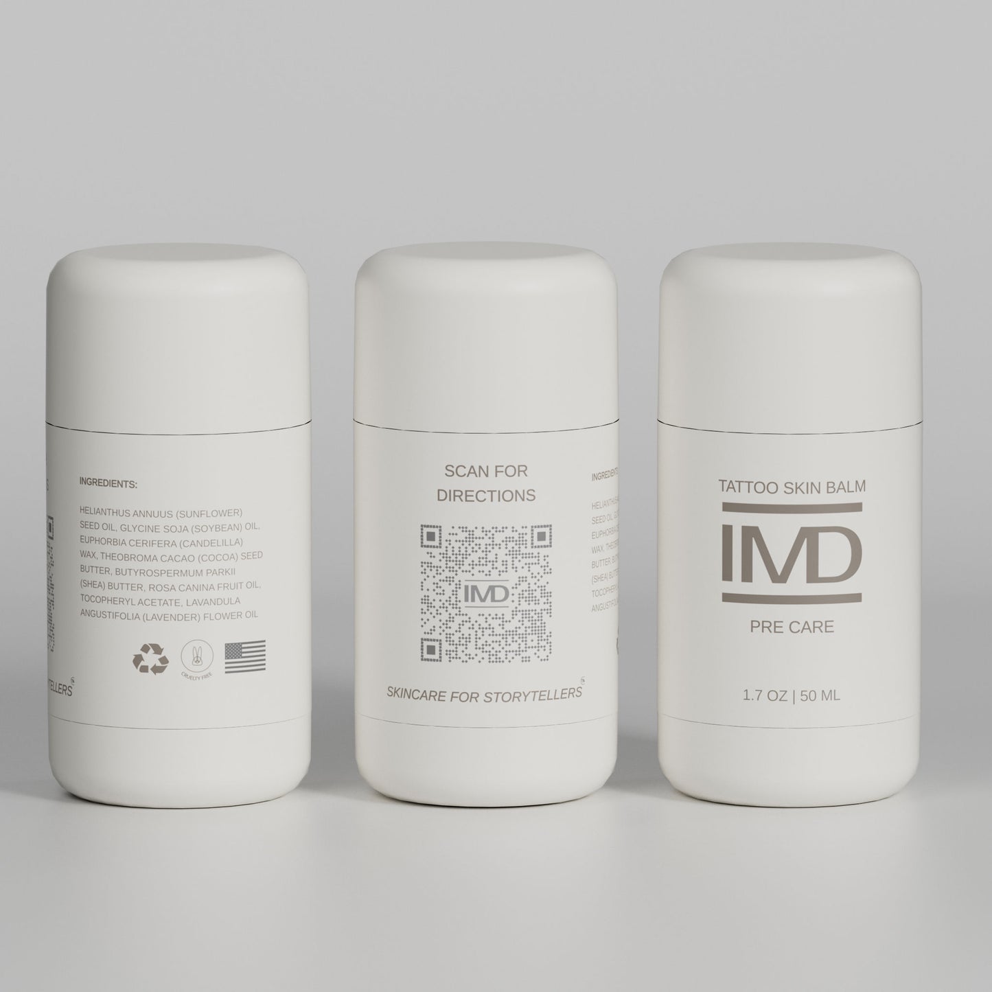 Three angles of IMD Pre Care Tattoo Skin Balm — front label, scan-for-directions QR code, and natural ingredients panel (cruelty-free, made in USA)