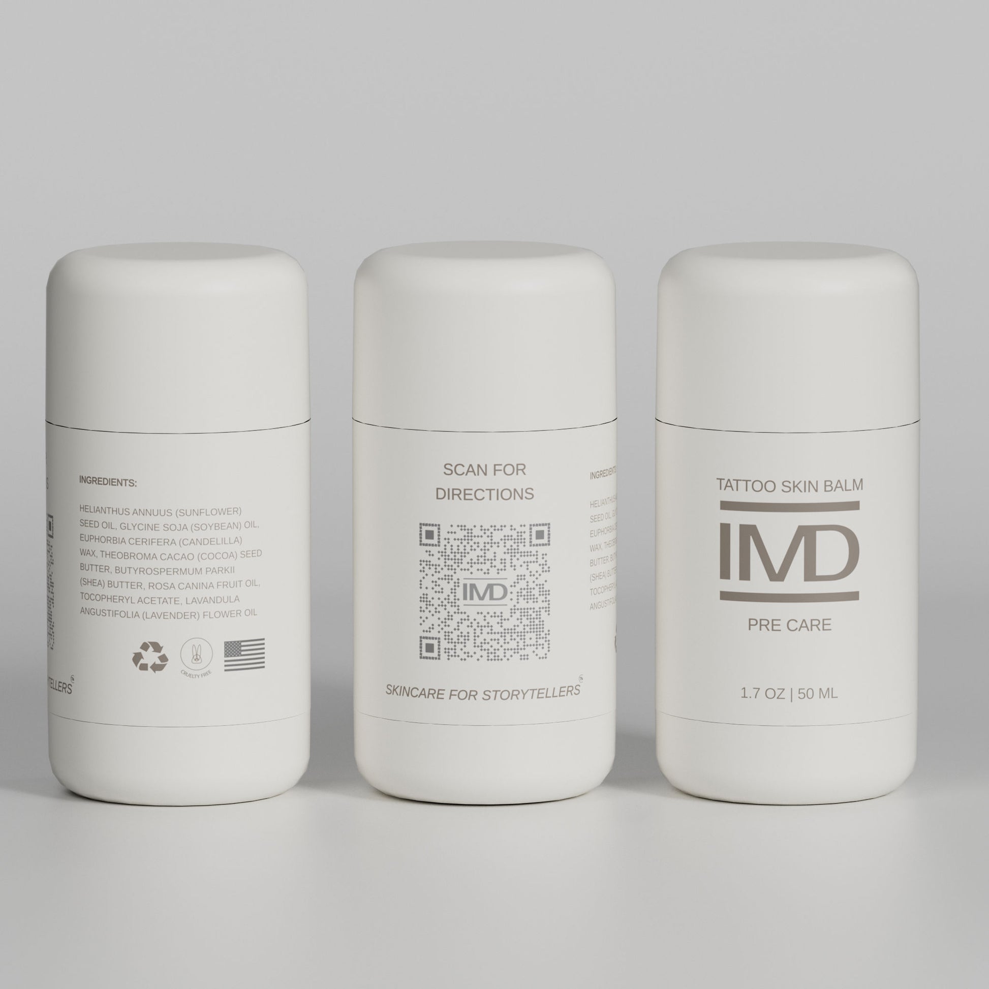 Three angles of IMD Pre Care Tattoo Skin Balm — front label, scan-for-directions QR code, and natural ingredients panel (cruelty-free, made in USA)