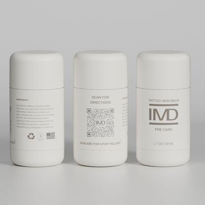 Three angles of IMD Pre Care Tattoo Skin Balm — front label, scan-for-directions QR code, and natural ingredients panel (cruelty-free, made in USA)