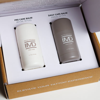 IMD Tattoo Skincare Kit balms — Pre Care Balm for before tattoo and Daily Care Balm for healed ink, in eco-friendly packaging