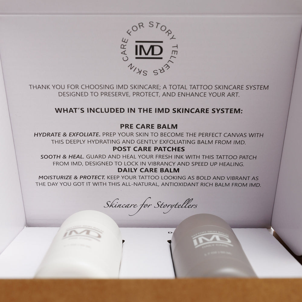 Inside the IMD Tattoo Skincare Kit — complete 3-step system to preserve, protect, and enhance tattoos (pre, post, and daily care)